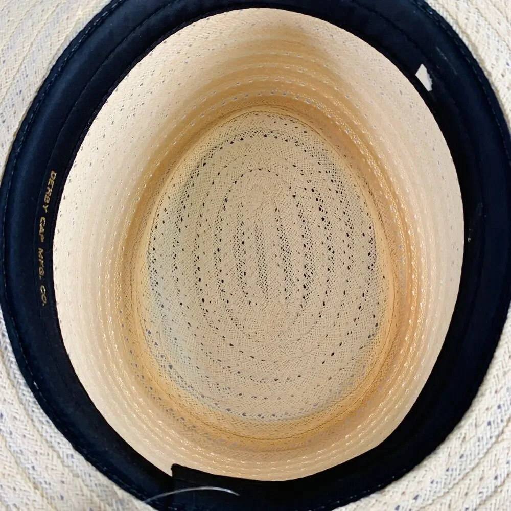 VINTAGE Size L Beige Navy Red Ribbon Trim Woven Straw Hat